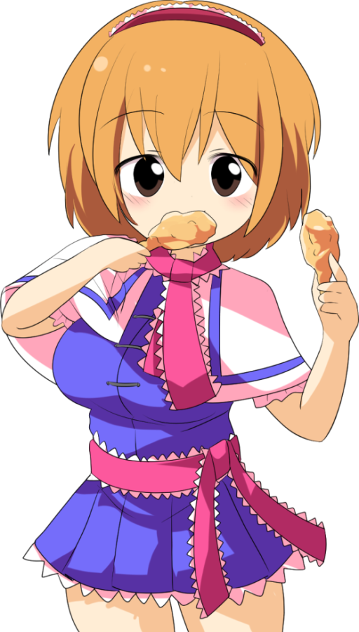 1girl, alice_margatroid, blonde_hair, blue_dress, blush, breasts, brown_eyes, capelet