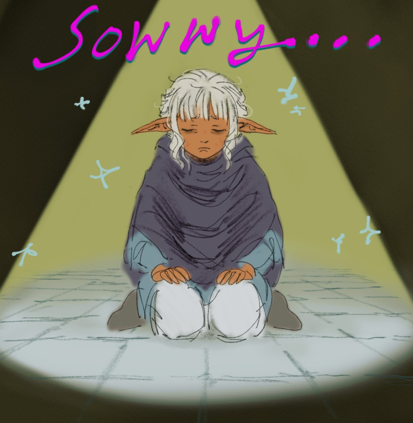 11agares, 1boy, apologizing, black_cloak, blue_tunic, blunt_bangs, boots, brown_footwear, cloak, closed_eyes, closed_mouth, dark-skinned_male, dark_skin, dungeon_meshi, hands_on_own_knees, highres, indoors, kneeling, long_pointy_ears, pants, pointy_ears, solo, sowwy, sparkle, spotlight, thistle_(dungeon_meshi), tile_floor, tiles, white_hair, white_pants