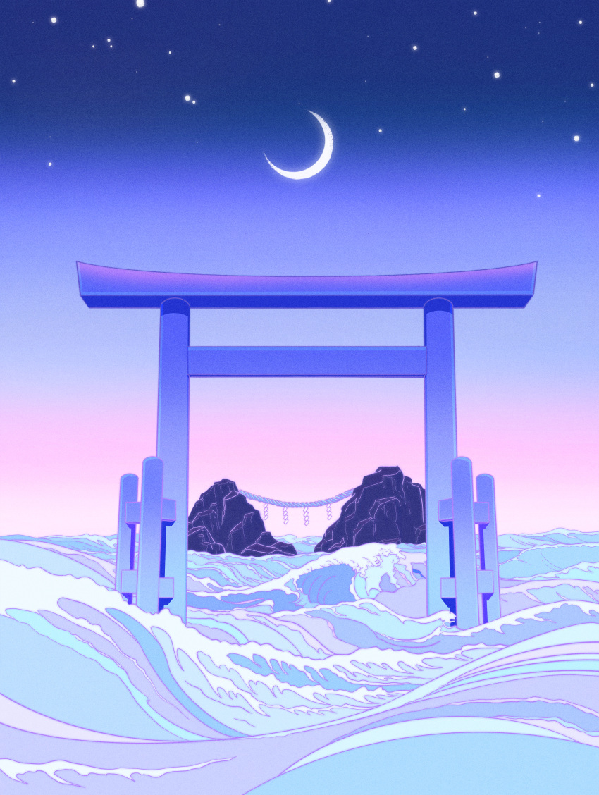 absurdres, blue_sky, blue_theme, bridge, crescent_moon, gradient_sky, highres, moon