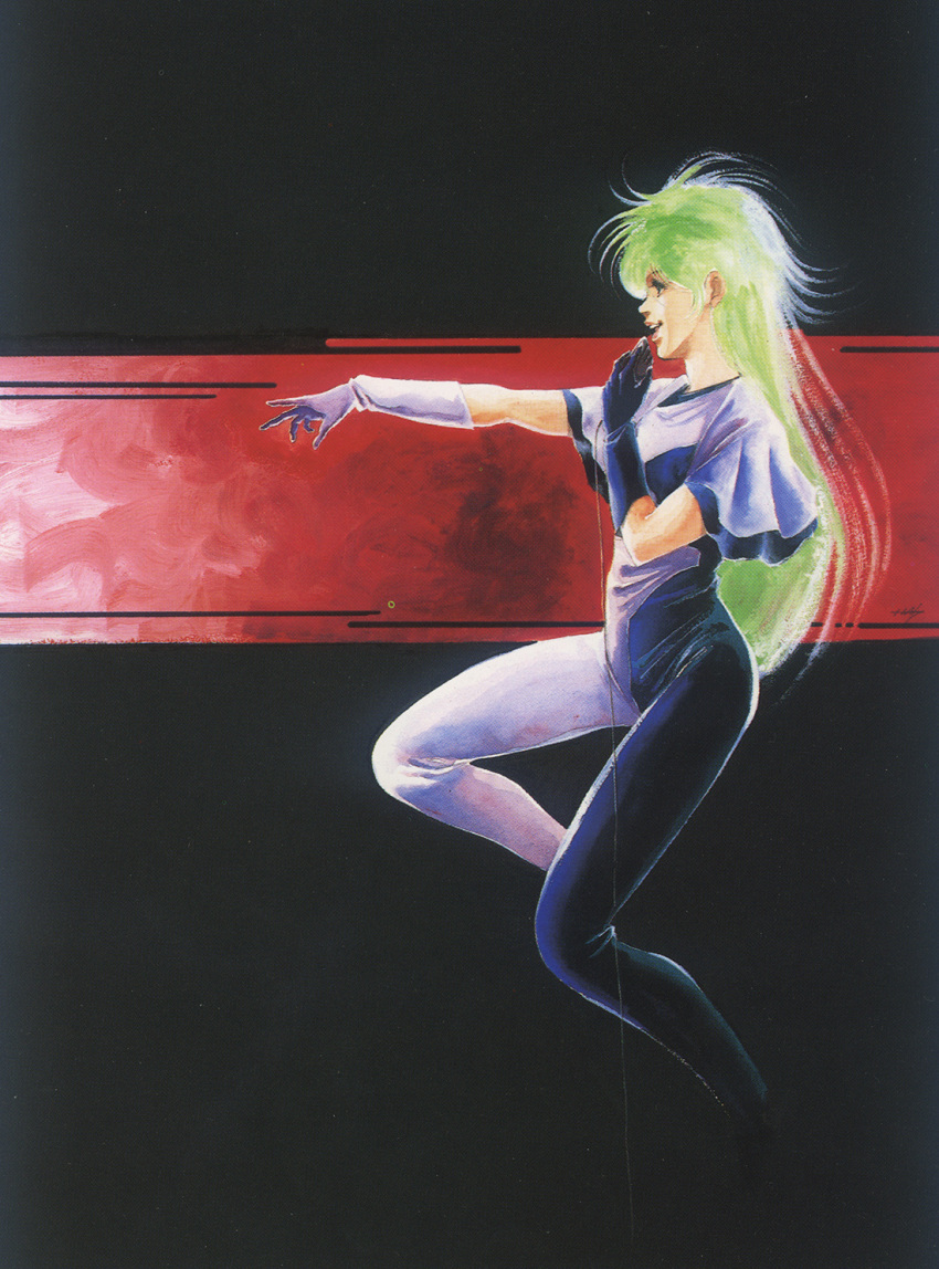 1980s_(style), 1girl, bodysuit, cable, gloves, green_hair, highres, megazone_23