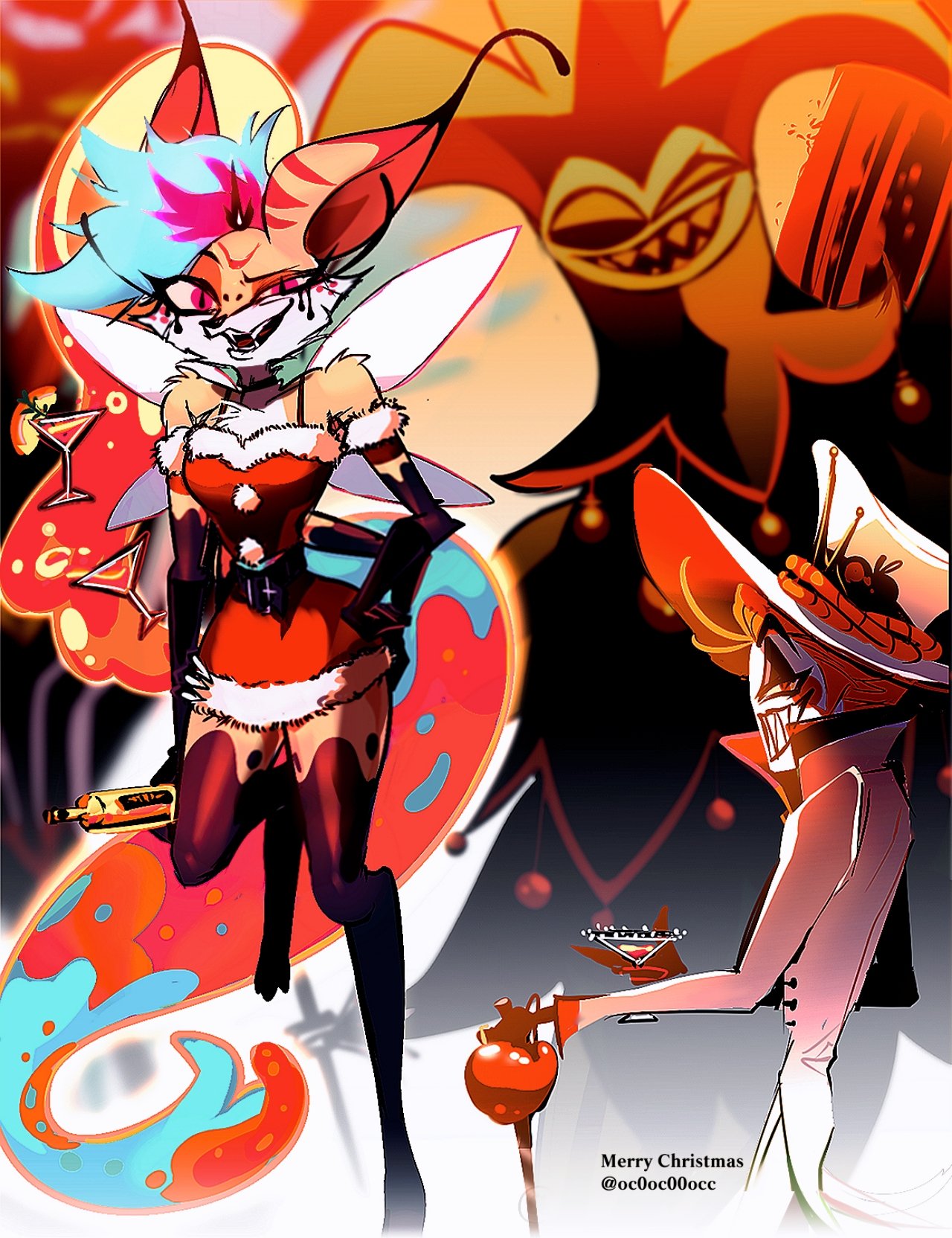 1girl, 2boys, asymmetrical_hair, beelzebub_(helluva_boss), blonde_hair, colored_sclera, dress, extra_arms, fox_girl, from_side, furry, furry_female, green_sclera, hazbin_hotel, highres, jester, looking_at_viewer, lucifer_morningstar_(hazbin_hotel), mammon_(helluva_boss), multiple_boys, non-web_source, oc0oc00occ, suit