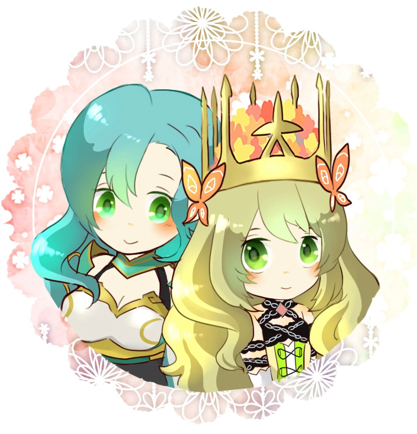 2girls, aqua_hair, armor, blonde_hair, bow, braid, breastplate, butterfly_hair_ornament
