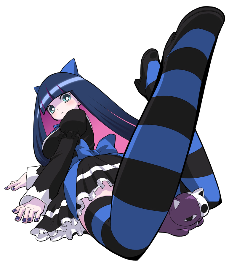 blush, foreshortening, green_eyes, hair_ribbon, legs, long_hair, looking_back, lying, multicolored_hair, panty_&amp;_stocking_with_garterbelt, plush, ribbon, solo, stocking_(character), stocking_(psg), striped, striped_legwear, striped_thighhighs, thigh-highs, thighhighs, toy, two-tone_hair, umi_no_tarako