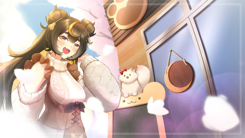 absurdres, animal, bear_girl, black_ribbon, blonde_hair, bow, brown_hair, cherry_blossoms
