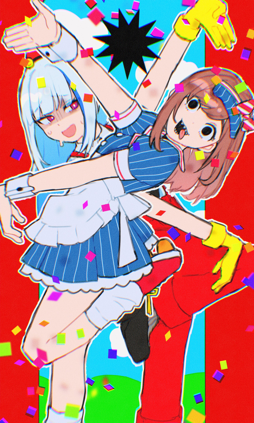 2girls, 965ma_mogumogu, :3, absurdres, apron, arm_up, asymmetrical_bangs, black_eyes, black_footwear, blue_hair, bow, commentary, confetti, crazy_eyes, dot_nose, dress, empty_eyes, feet_out_of_frame, foot_up, gloom_(expression), gloves, hand_up, hat, hat_bow, head_tilt, highres, leaning_back, light_blue_hair, lize_helesta, long_hair, looking_at_viewer, looking_to_the_side, mesmerizer_(vocaloid), multiple_girls, nervous, nervous_sweating, nijisanji, open_mouth, outline, overalls, pants, pinstripe_dress, pinstripe_pattern, puffy_short_sleeves, puffy_sleeves, red_eyes, red_footwear, red_pants, shaded_face, sharp_teeth, short_dress, short_sleeves, sidelocks, sideways_glance, socks, standing, standing_on_one_leg, suzuhara_lulu, sweat, symbol-only_commentary, teeth, tongue, tongue_out, tsurime, very_long_hair, visor_cap, waist_apron, white_apron, white_outline, white_socks, wide-eyed, wrist_cuffs, yellow_gloves