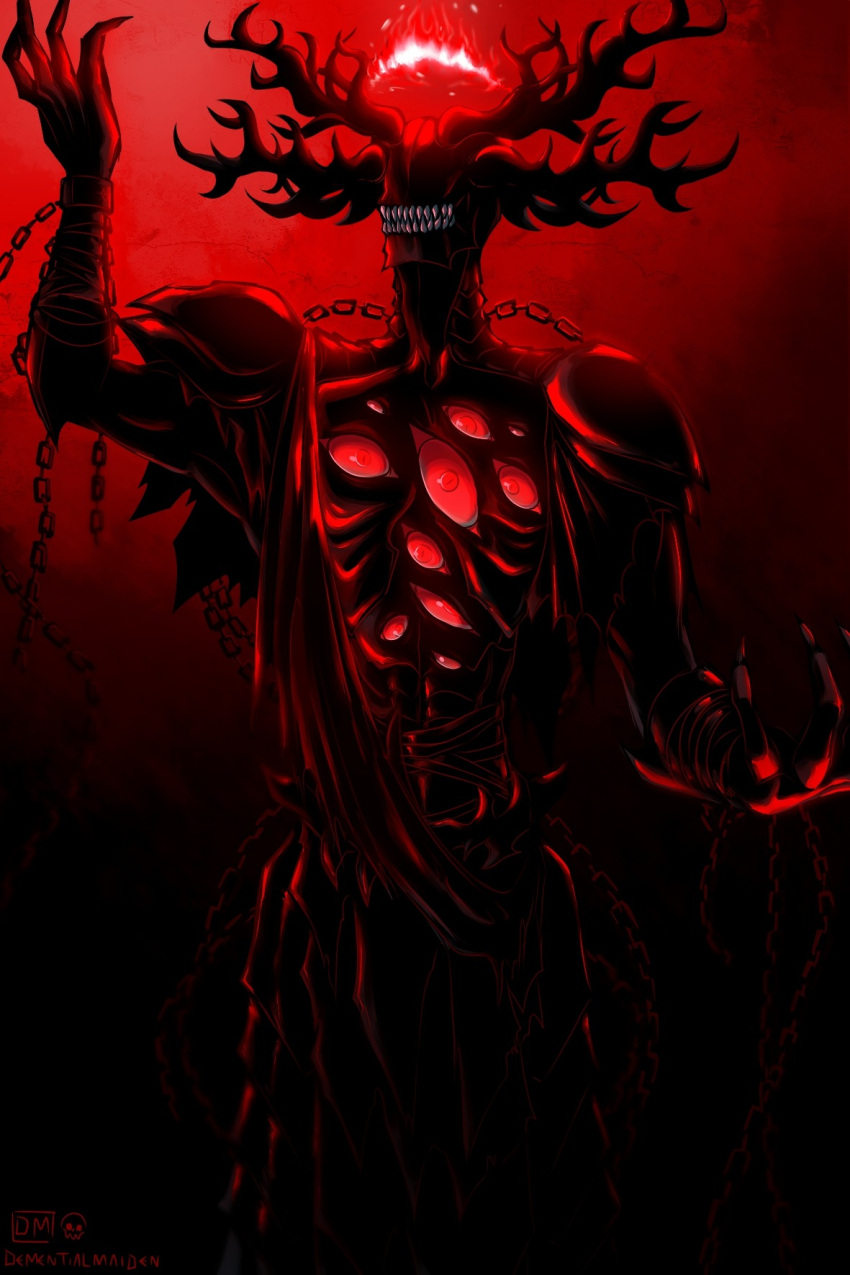 1boy, crown, crown_of_thorns, dementialmaiden, demon_horns, eldritch_abomination, extra_eyes, giant