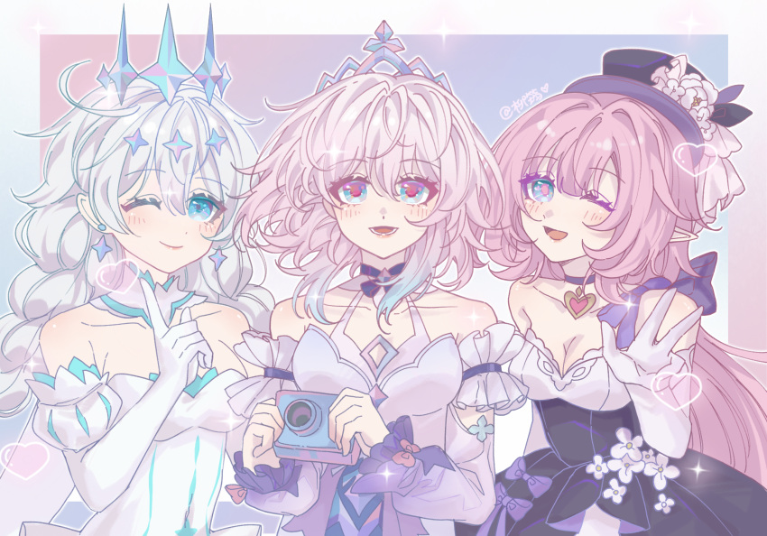 3girls, :d, artist_name, bare_shoulders, black_choker, blue_eyes, bow, braid