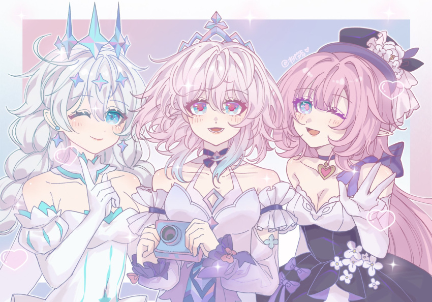 3girls, :d, bare_shoulders, black_choker, blue_eyes, bow, braid, camera