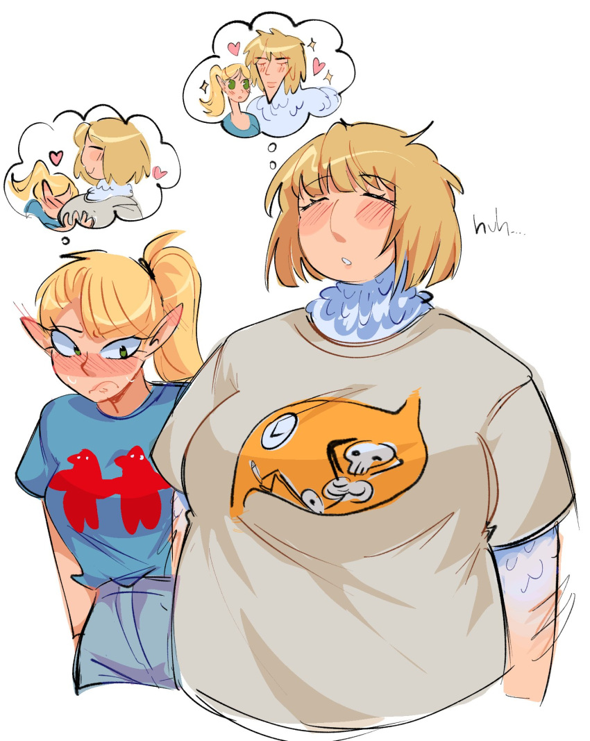 between_breasts, blonde_hair, blue_pants, blue_skirt, blush, breasts, clock, dungeon_meshi