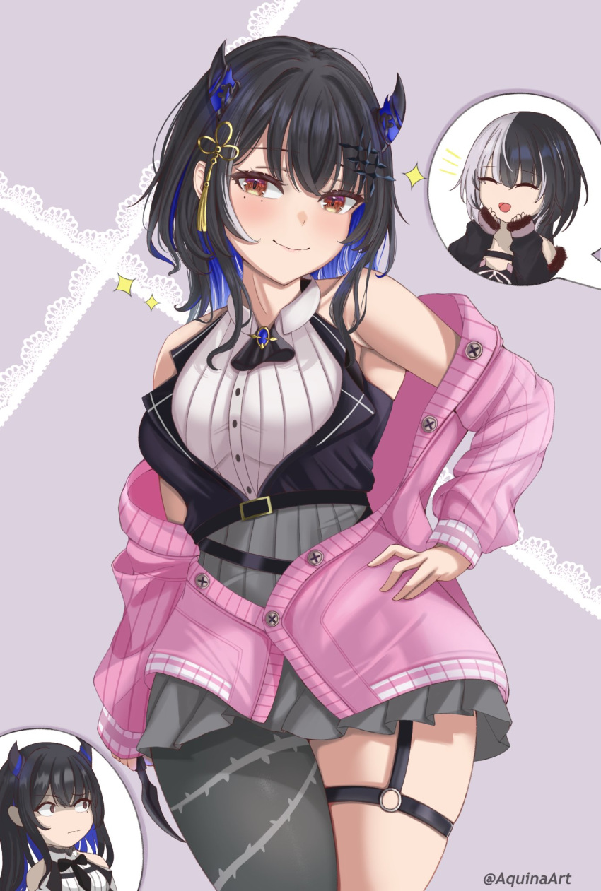 ahoge, aquina_art, armpits, artist_name, asymmetrical_horns, asymmetrical_legwear, black_hair, blue_hair, brooch, chibi, closed_eyes, collarbone, collared_shirt, hands_on_own_hips, highres, hololive, hololive_english, horns, jewelry, medium_hair, multicolored_hair, nerissa_ravencroft, pantyhose, pleated_skirt, red_eyes, shiori_novella, shirt, skirt, sleeveless, smile, sweater, thigh_strap, uneven_horns, watermark, white_hair