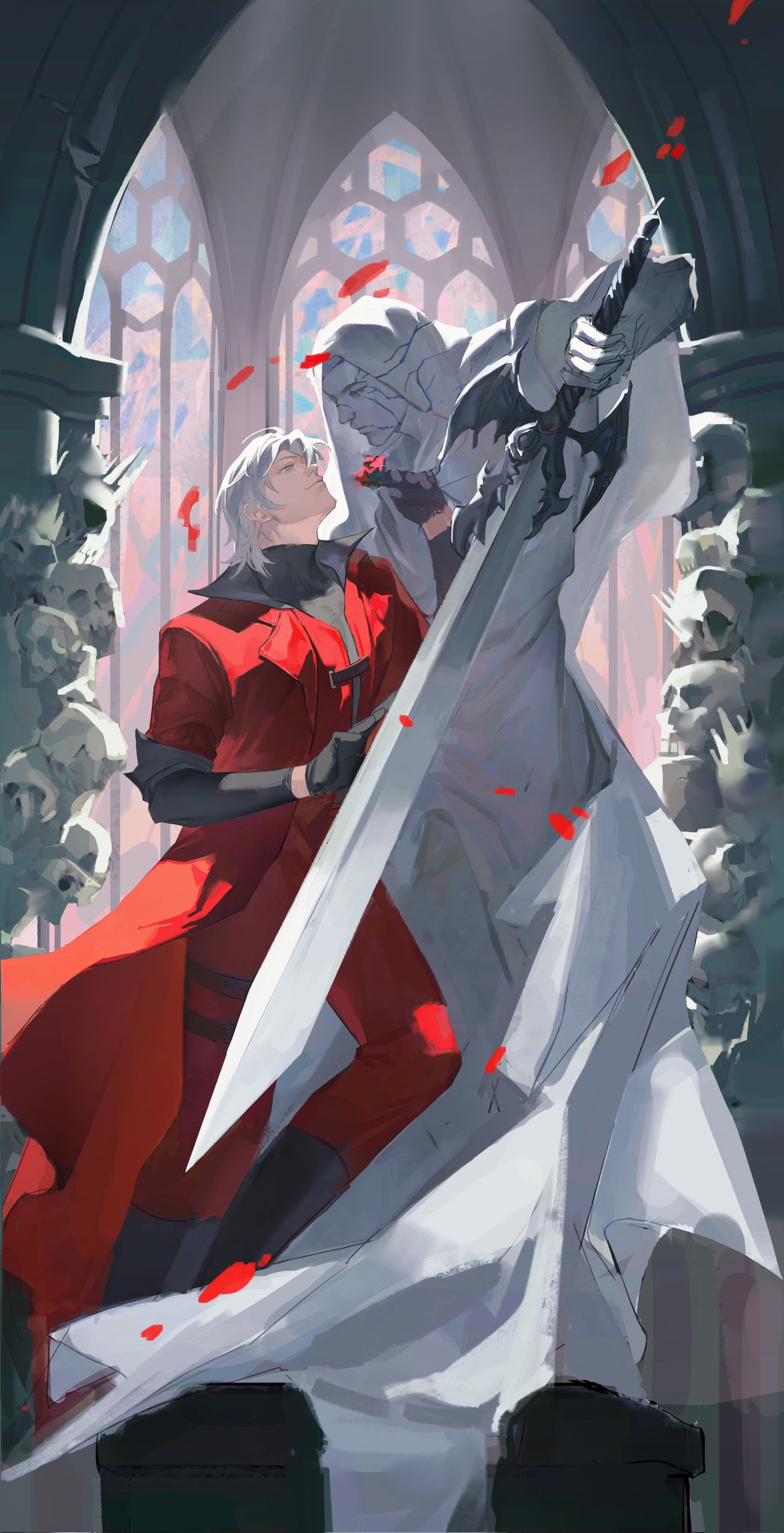 2boys, alastor_(sword), black_gloves, blue_eyes, brothers, closed_mouth, coat, cracked_skin