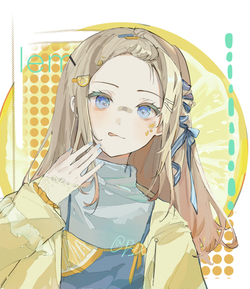 1girl, absurdres, aqua_shirt, arm_at_side, bandaid, bandaid_on_face, bangs_pinned_back, blonde_hair