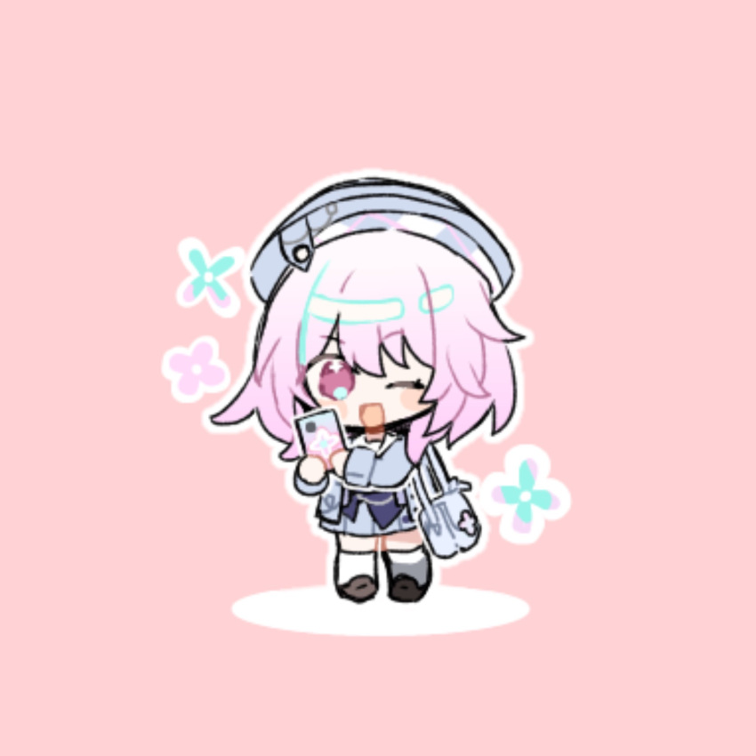 1girl, bag, black_footwear, blue_beret, blue_eyes, blue_jacket, blue_skirt, blush_stickers