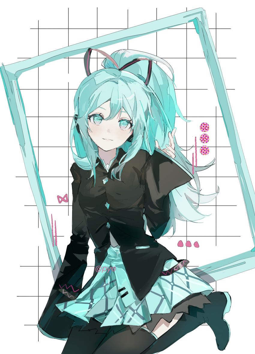 1girl, absurdres, aqua_eyes, aqua_hair, aqua_nails, aqua_skirt, aqua_trim, arm_support