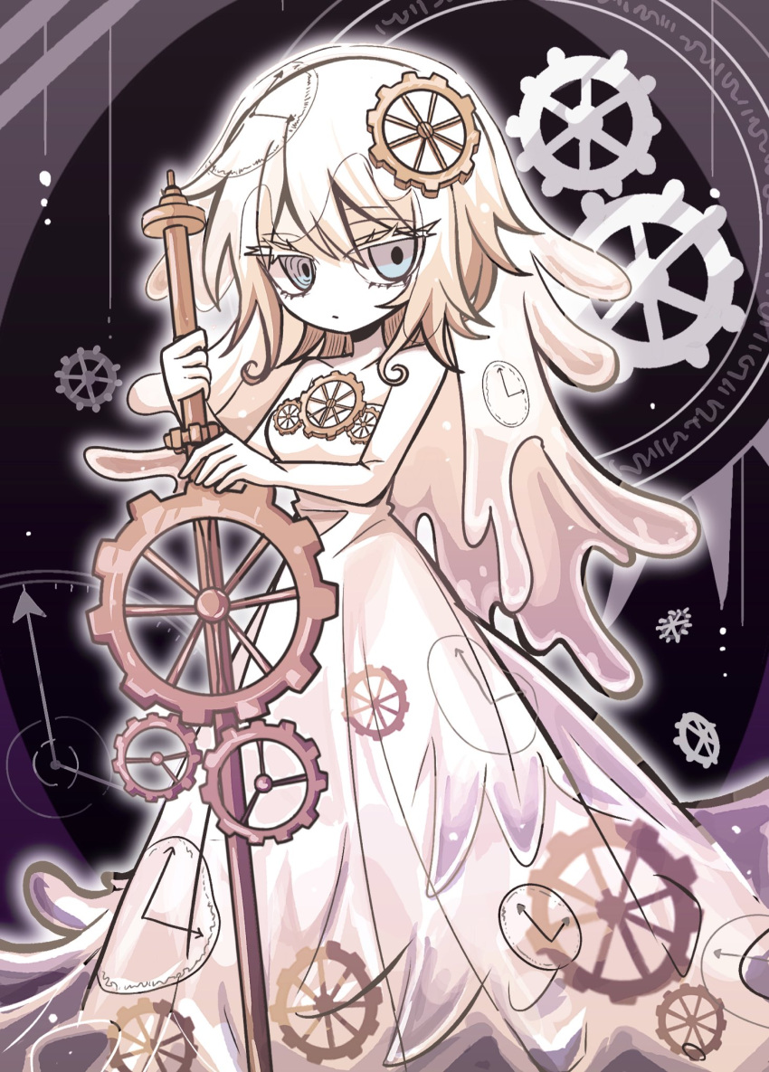 1girl, blue_eyes, bridal_veil, clock_print, closed_mouth, colored_eyelashes, commentary, dress