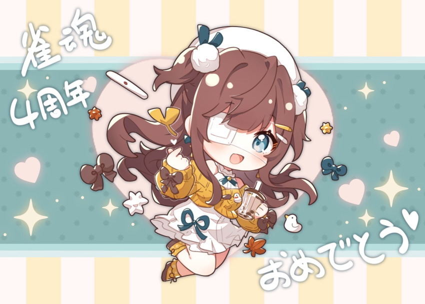 1girl, bare_shoulders, beret, bird, blue_background, blue_bow, blue_eyes, blue_ribbon