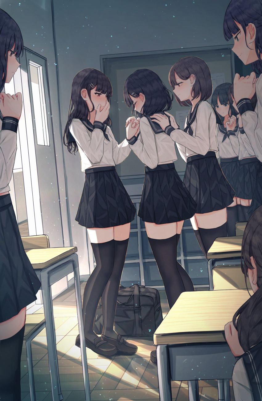 6+girls, absurdres, bag, benevole, black_eyes, black_footwear, black_hair, black_neckerchief