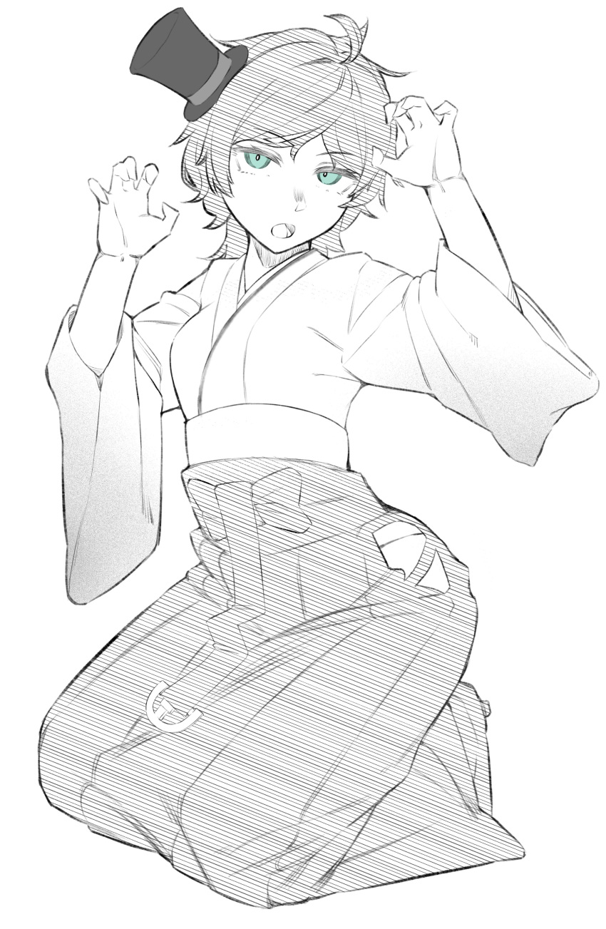 1girl, absurdres, claw_pose, commentary_request, green_eyes, greyscale, hakama, hat