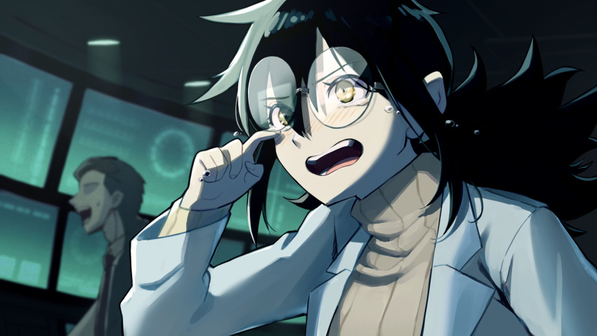 1boy, 1girl, black_hair, blush, coat, glasses, indoors, kaijuu_no._8, konomi_okonogi, long_hair, long_sleeves, nonono_(1399900), open_mouth, screen, solo_focus, sweater, tears, upper_body, white_coat, yellow_eyes, yellow_sweater