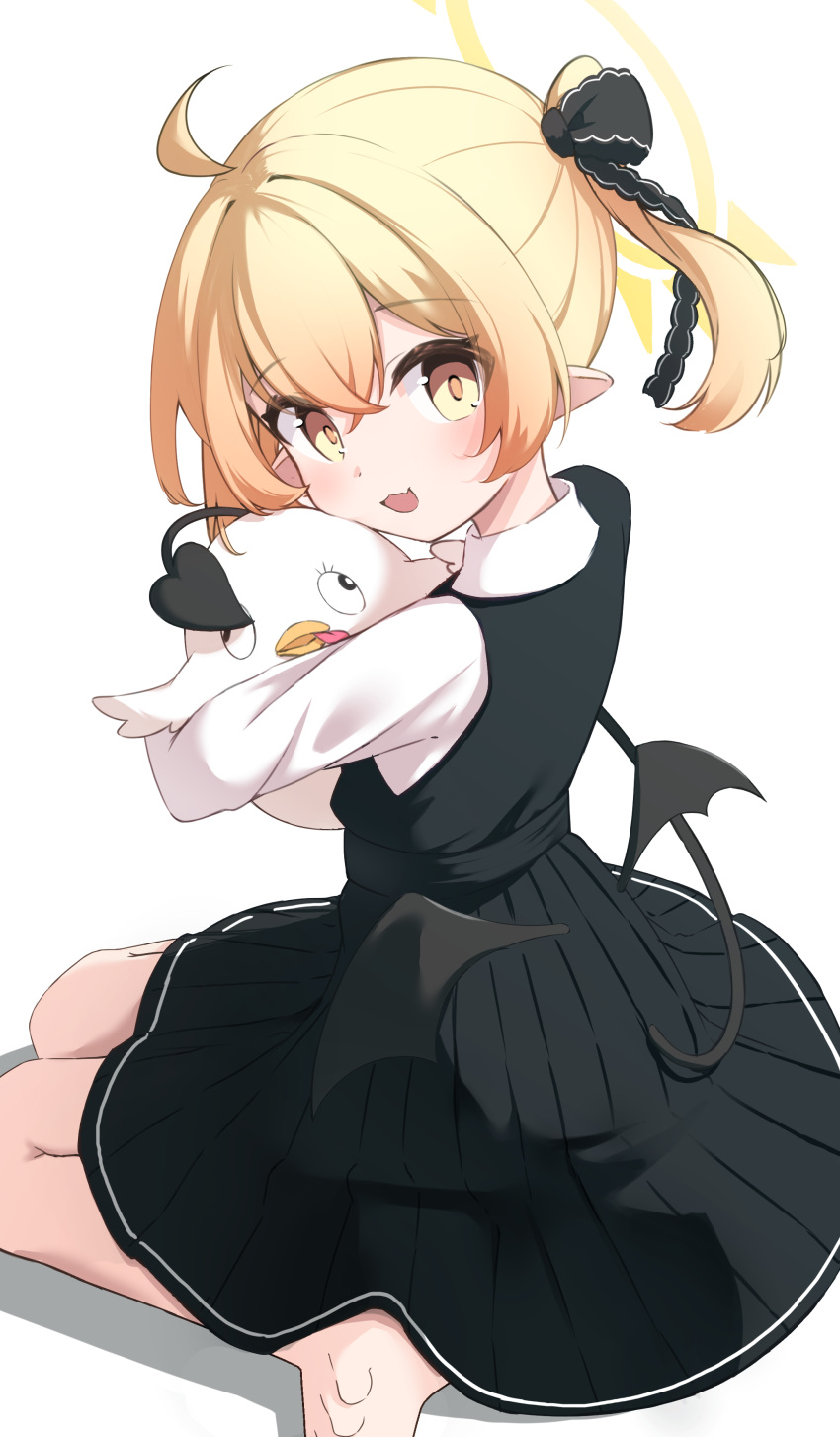 1girl, absurdres, ahoge, barefoot, black_dress, black_tail, black_wings, blonde_hair