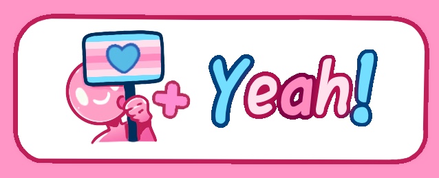 1other, ambiguous_gender, closed_mouth, colored_skin, commentary, cropped_torso, english_commentary, english_text, evocaitart, flag, hand_up, holding, holding_flag, lgbt_pride, looking_at_viewer, meme, miiverse, miiverse_yeah!_(meme), pink_skin, plus_sign, portrait, simple_background, smile, solo, transfeminine_flag, white_background