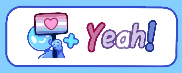 1other, ambiguous_gender, bigender_flag, blue_skin, closed_mouth, colored_skin, commentary, cropped_torso, english_commentary, english_text, evocaitart, flag, hand_up, holding, holding_flag, lgbt_pride, looking_at_viewer, meme, miiverse, miiverse_yeah!_(meme), plus_sign, portrait, simple_background, smile, solo, white_background