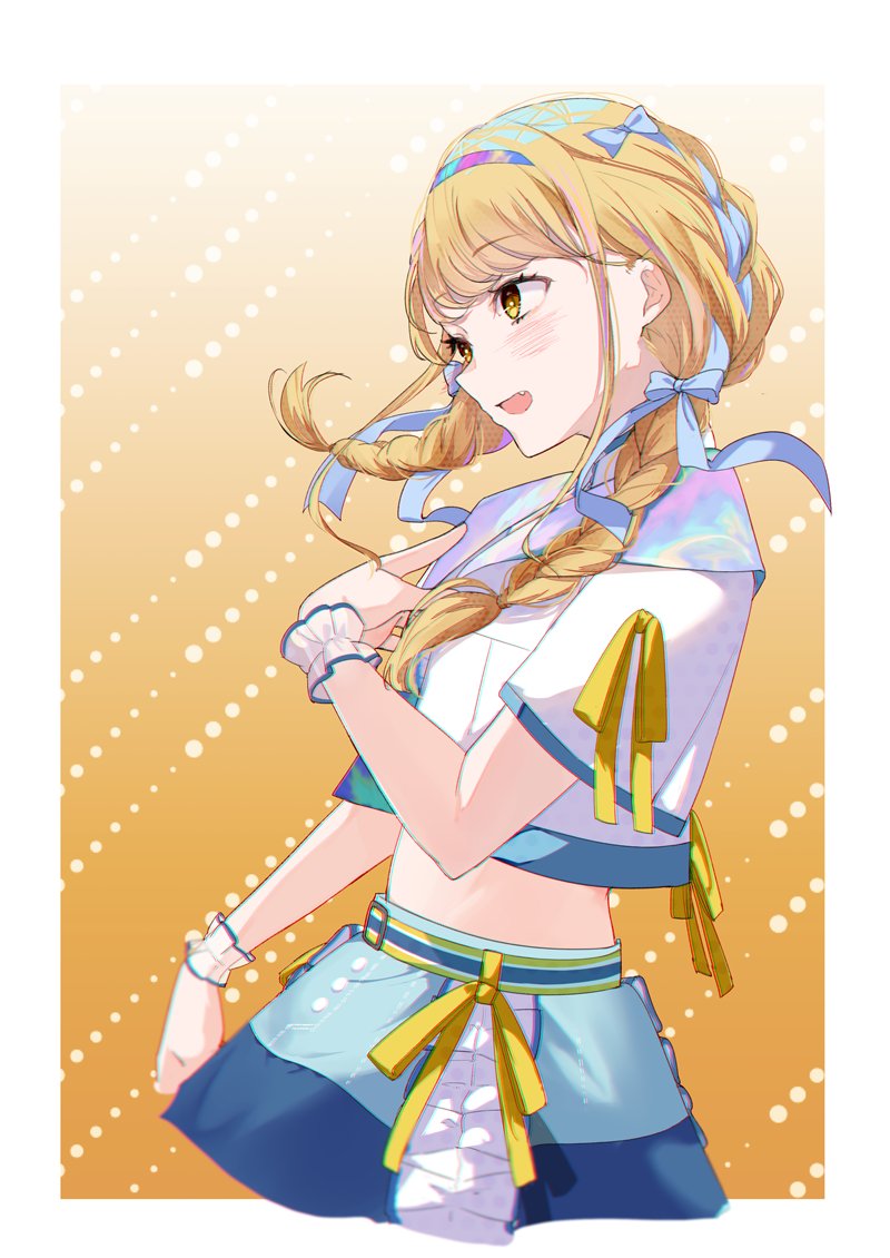 blue_overskirt, braid, fang, fujita_kotone, gakuen_idolmaster, idolmaster, jacket, low_twin_braids, multicolored_clothes, ringo_no_tart, skin_fang, twin_braids