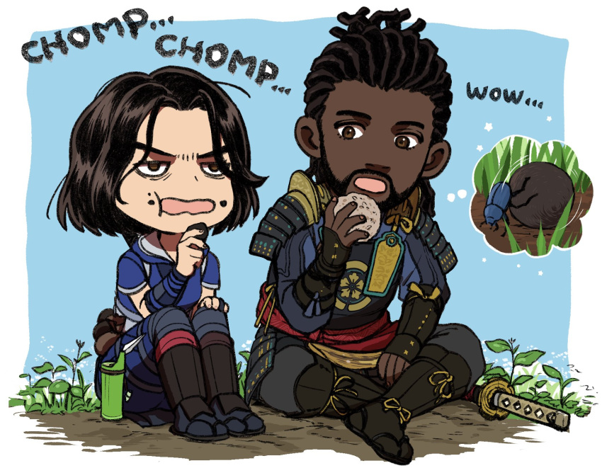 1boy, 1girl, armor, assassin's_creed:_shadows, assassin's_creed_(series), beetle, bug, commentary_request, dark-skinned_male, dark_skin, dreadlocks, eating, food, food_on_face, fujibayashi_naoe, highres, japanese_armor, japanese_clothes, katana, knife, medium_hair, nanahoshi_(hachiseiboshi), rock, shin_guards, shoulder_armor, sword, thought_bubble, very_dark_skin, weapon, yasuke_(assassin's_creed)