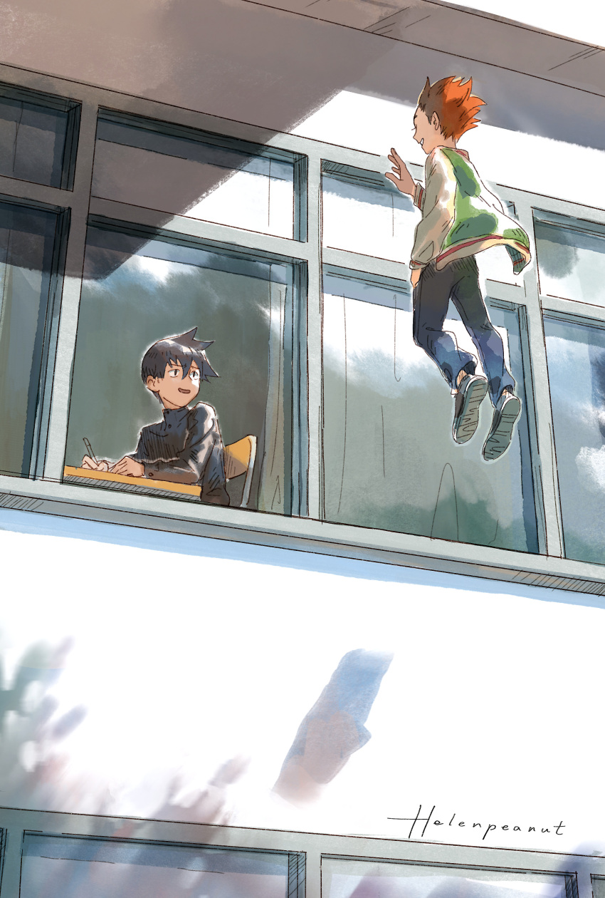 2boys, absurdres, black_hair, chair, curtains, desk, floating, full_body, helenpeanut, highres, jacket, kageyama_ritsu, long_sleeves, mob_psycho_100, multiple_boys, open_mouth, orange_hair, outdoors, painting_(medium), pants, school, school_chair, school_desk, school_uniform, shadow, shirt, shoes, short_hair, smile, spiky_hair, suzuki_shou, traditional_media, watercolor_(medium), window