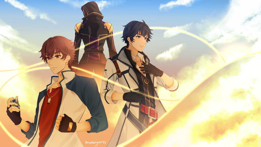 3boys, artist_name, black_gloves, black_hair, blue_sky, brown_gloves, brown_hair, c_(eiyuu_densetsu)