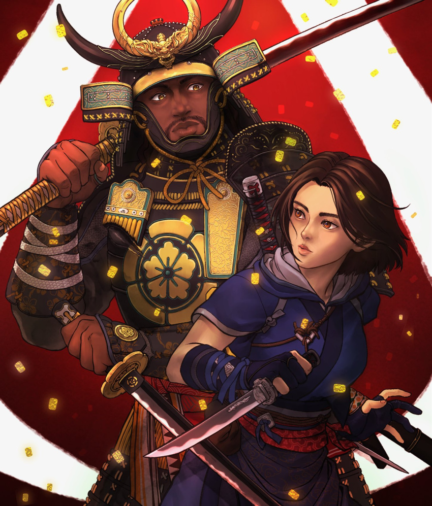 1boy, 1girl, armor, assassin's_creed:_shadows, assassin's_creed_(series), breasts, brown_eyes, brown_hair