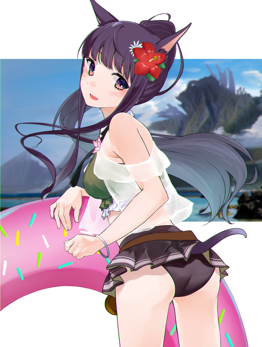 animal_ear_fluff, animal_ears, bikini, capelet, dog_ears, dog_girl, green_bikini, green_vest, highres, kasumi_(princess_connect!), kasumi_(summer)_(princess_connect!), ponytail, princess_connect!, purple_hair, ringo_no_tart, swimsuit, vest, violet_eyes