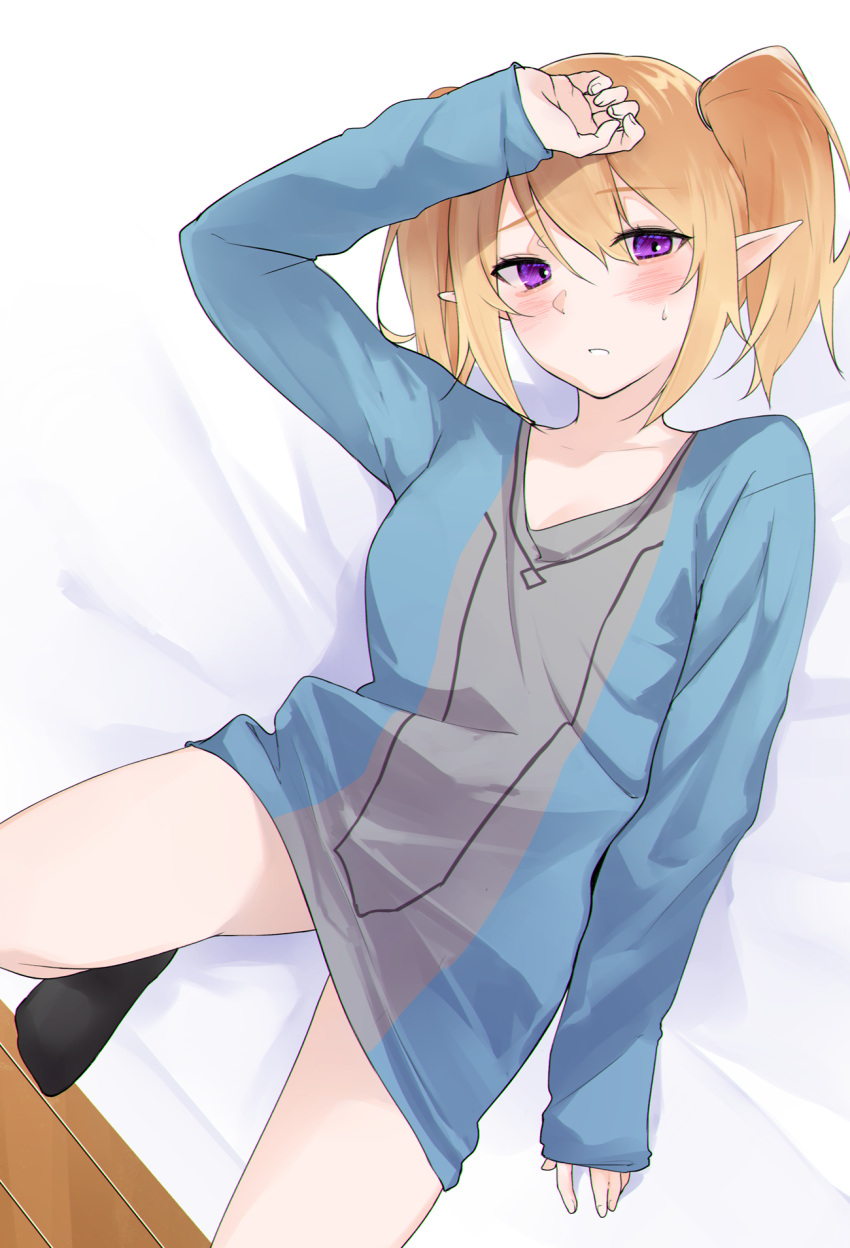 blonde_hair, chloe_(princess_connect!), elf, highres, looking_at_viewer, lying, no_pants, pointy_ears