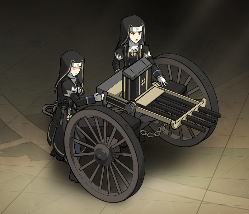 2girls, ammunition_box, asterisk_kome, chain, closed_eyes, crank, gloves, gun