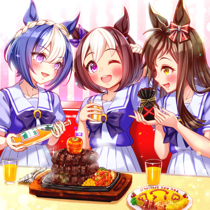 3girls, animal_ears, bag, blue_hair, blunt_tresses, blush_stickers, booth_seating, bottle