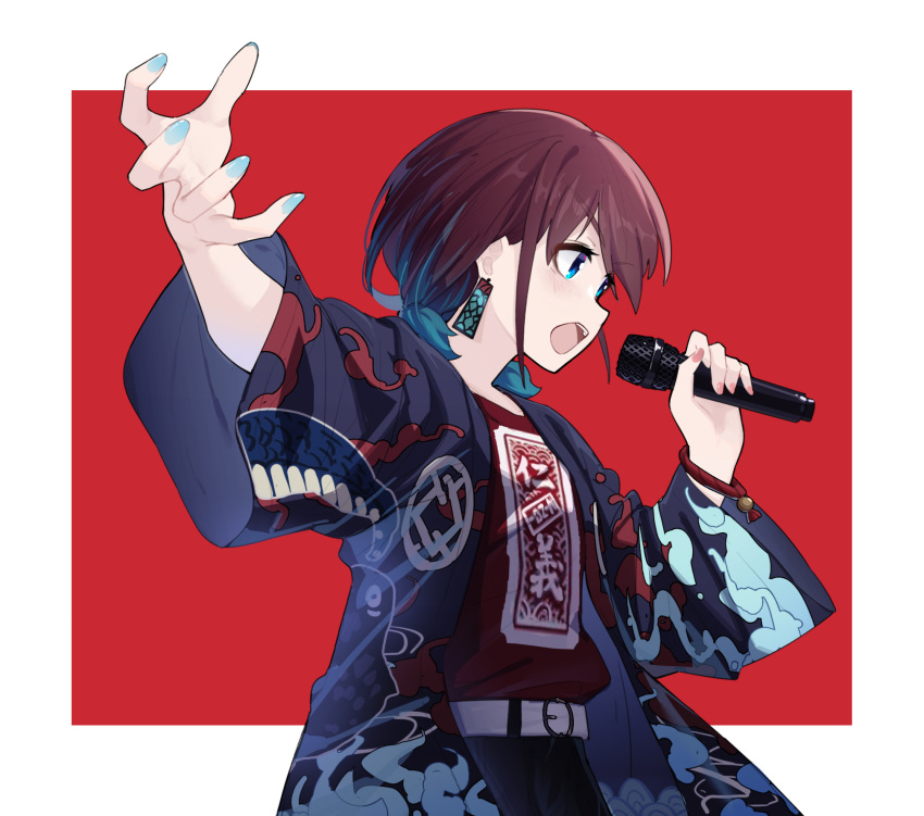 1girl, belt, belt_buckle, blue_eyes, blue_hair, blue_jacket, blue_nails, blush