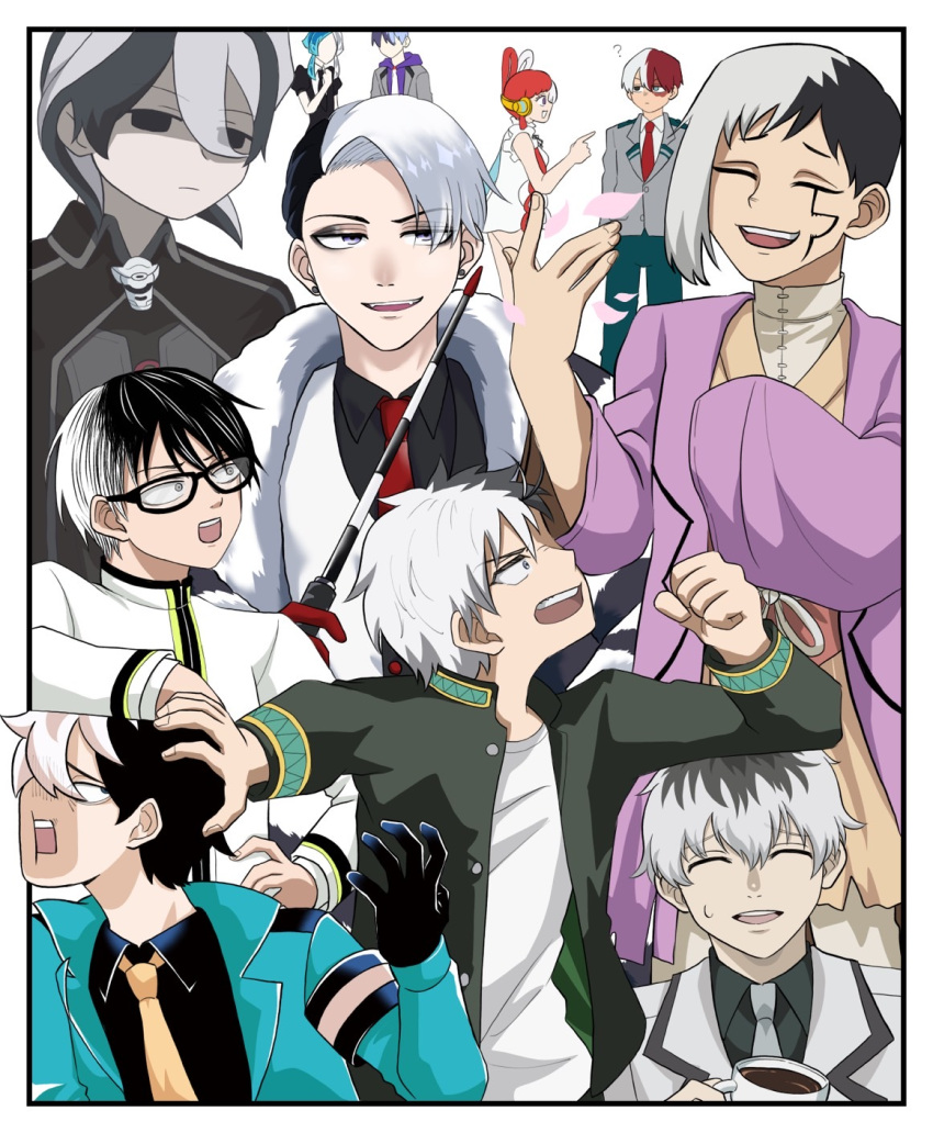 2girls, 6+boys, armband, asagiri_gen, black-framed_eyewear, black_eyes, black_jacket, black_robe