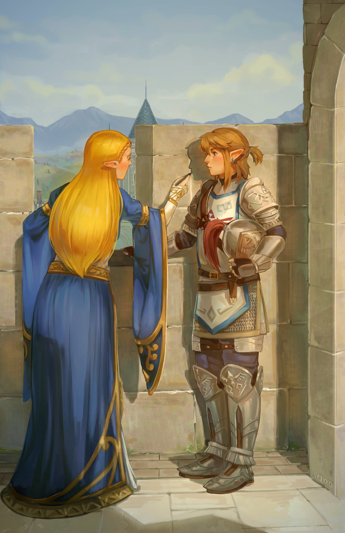 armor, blonde_hair, blue_dress, castle, castle_rampart, charcoal, closed_mouth, cuirass, drawing_(action), dress, earrings, fine_art_parody, greaves, green_eyes, helmet, highres, hill, holding, holding_charcoal, holding_helmet, jewelry, jinaxxo, link, long_hair, medium_hair, mountain, mountainous_horizon, outdoors, painterly, parody, pauldrons, pointy_ears, ponytail, princess_zelda, shadow, shoulder_armor, stone_floor, stone_wall, swept_bangs, tabard, the_legend_of_zelda, the_legend_of_zelda:_breath_of_the_wild, the_shadow_(edmund_blair_leighton), tree, wide_sleeves