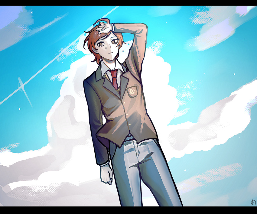 1boy, ahoge, blazer, blue_sky, brown_eyes, brown_jacket, buttons, clenched_hand, clouds, collared_jacket, collared_shirt, commentary_request, cowboy_shot, crescent_print, crying, crying_with_eyes_open, danganronpa_(series), day, dress_pants, grey_pants, hand_on_own_head, highres, jacket, korean_commentary, lapels, layered_sleeves, letterboxed, light_particles, long_sleeves, maeda_yuki, male_focus, meitna, necktie, notched_lapels, orange_hair, outdoors, pants, parted_lips, pocket, red_necktie, shirt, short_hair, signature, sky, solo, super_danganronpa_another_2, sweater_vest, teardrop, tears, vest, white_shirt, yellow_vest