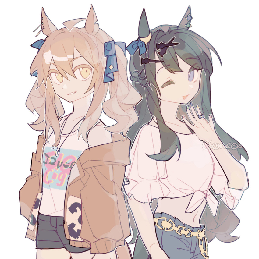 2girls, alternate_hairstyle, animal_ears, artist_name, belt, black_hair, black_shorts, blue_eyes