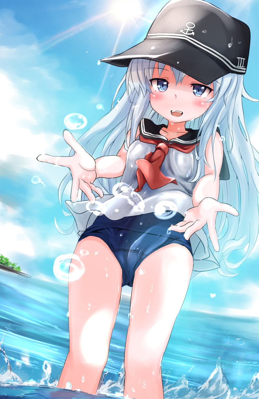 1girl, beach, blue_eyes, blue_hair, blue_one-piece_swimsuit, blue_sailor_collar, cowboy_shot, hat