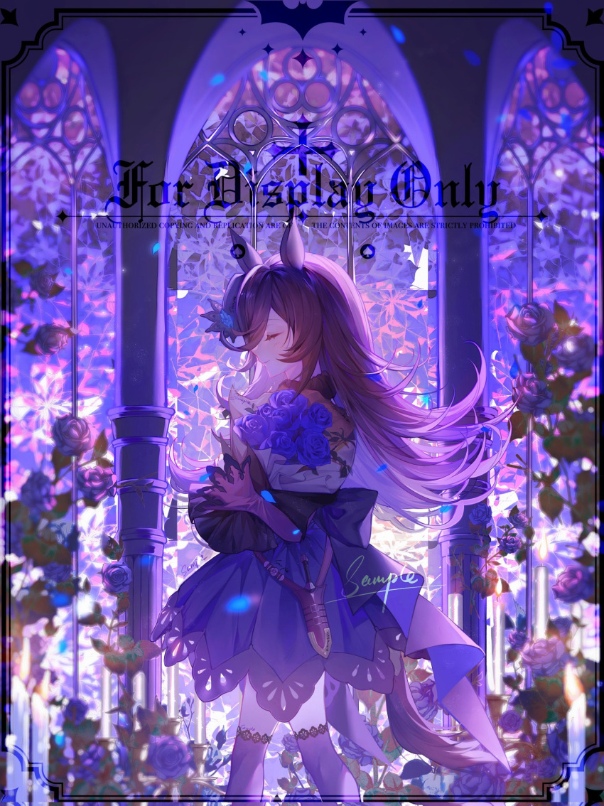 1girl, animal_ears, black_thighhighs, blue_dress, blue_flower, blue_rose, bouquet, brown_hair, closed_eyes, commission, dagger, dress, flower, flower_bush, hat, hat_flower, highres, holding, holding_bouquet, horse_ears, horse_girl, horse_tail, knife, lace-trimmed_thighhighs, light_blush, long_hair, long_sleeves, ninaki999, pillar, purple_hat, rice_shower_(umamusume), rose, sheath, smile, solo, stained_glass, tail, thigh-highs, tilted_headwear, umamusume, weapon, wide_sleeves