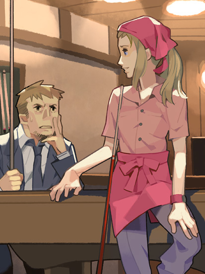 bandana, blonde_hair, blue_eyes, brown_hair, cape_west, cing, claire_reagan, formal, grey_eyes, hotel_dusk, kyle_hyde, last_window, long_hair, necktie, short_hair, smile, suit, sweatdrop, watch, wristwatch