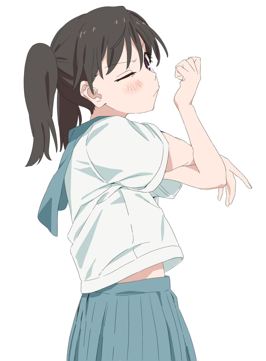 1girl, black_hair, blue_sailor_collar, blue_skirt, dlbl, flexing, from_side, hashtag-only_commentary