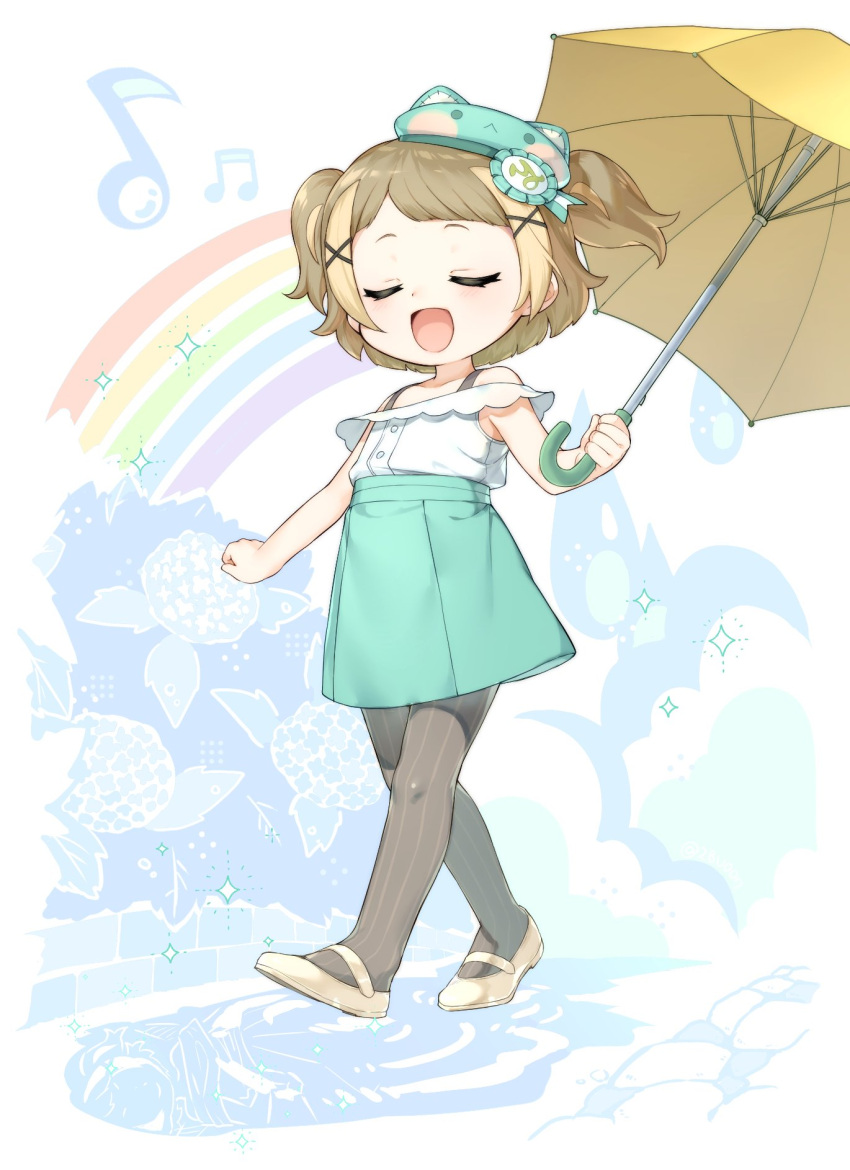 1girl, animal_hat, blonde_hair, cat_hat, child, closed_eyes, copyright_request, flat_chest, flower, happy, hat, highres, mary_janes, musical_note, off_shoulder, open_mouth, pantyhose, pedopetton, rainbow, shoes, skirt, solo, umbrella, walking