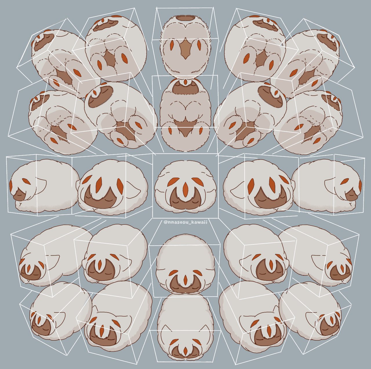 1girl, 25_perspective_box_exercise, artist_name, body_fur, closed_eyes, commentary, dark-skinned_female, dark_skin, faputa, fluff, full_body, grey_background, highres, horns, in_container, made_in_abyss, monster_girl, nnasosu_kawaii, perspective, red_horns, simple_background, sitting, symbol-only_commentary, twitter_username, white_fur, white_hair