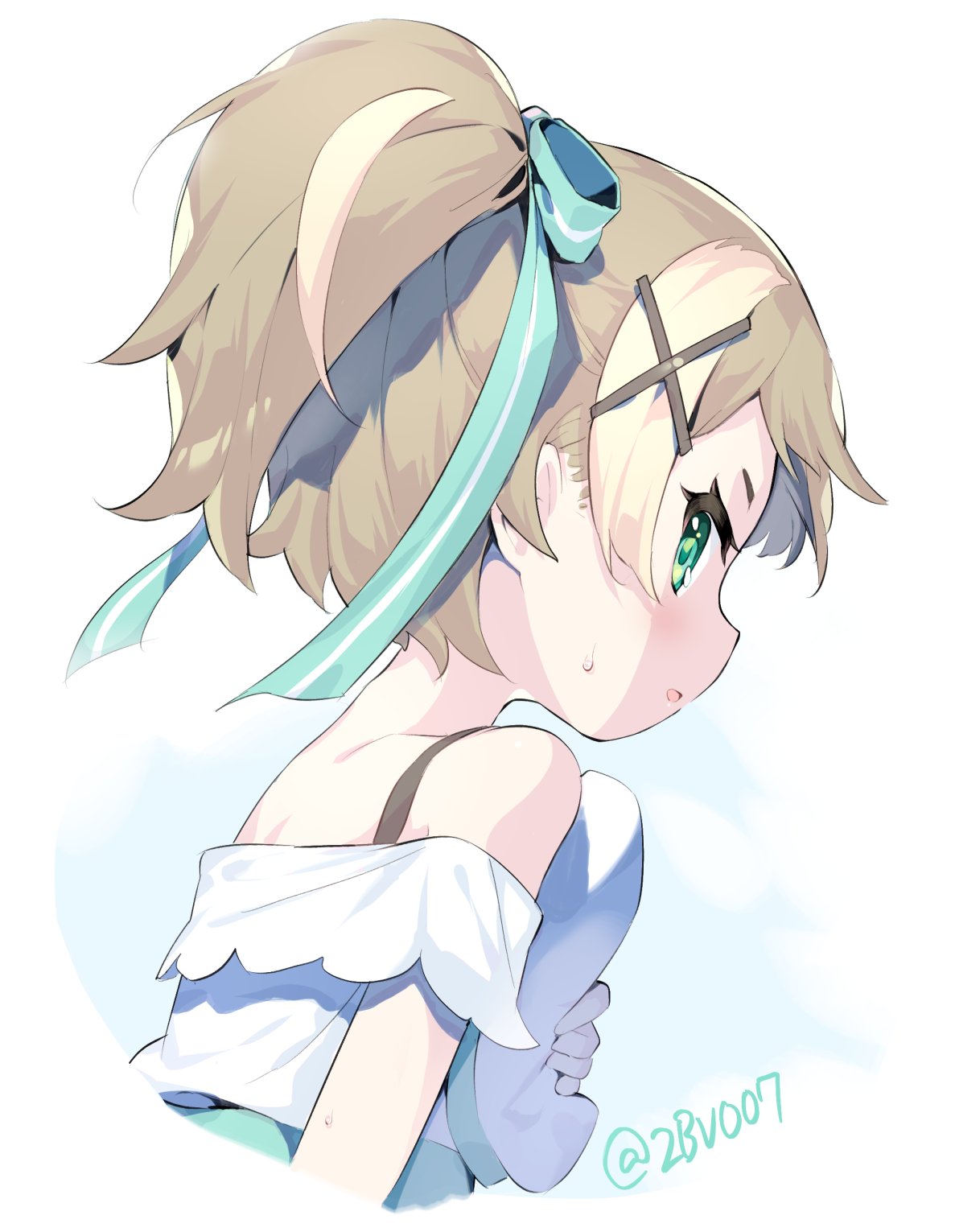 1girl, aqua_theme, artist_name, blonde_hair, bow, child, copyright_request, green_eyes