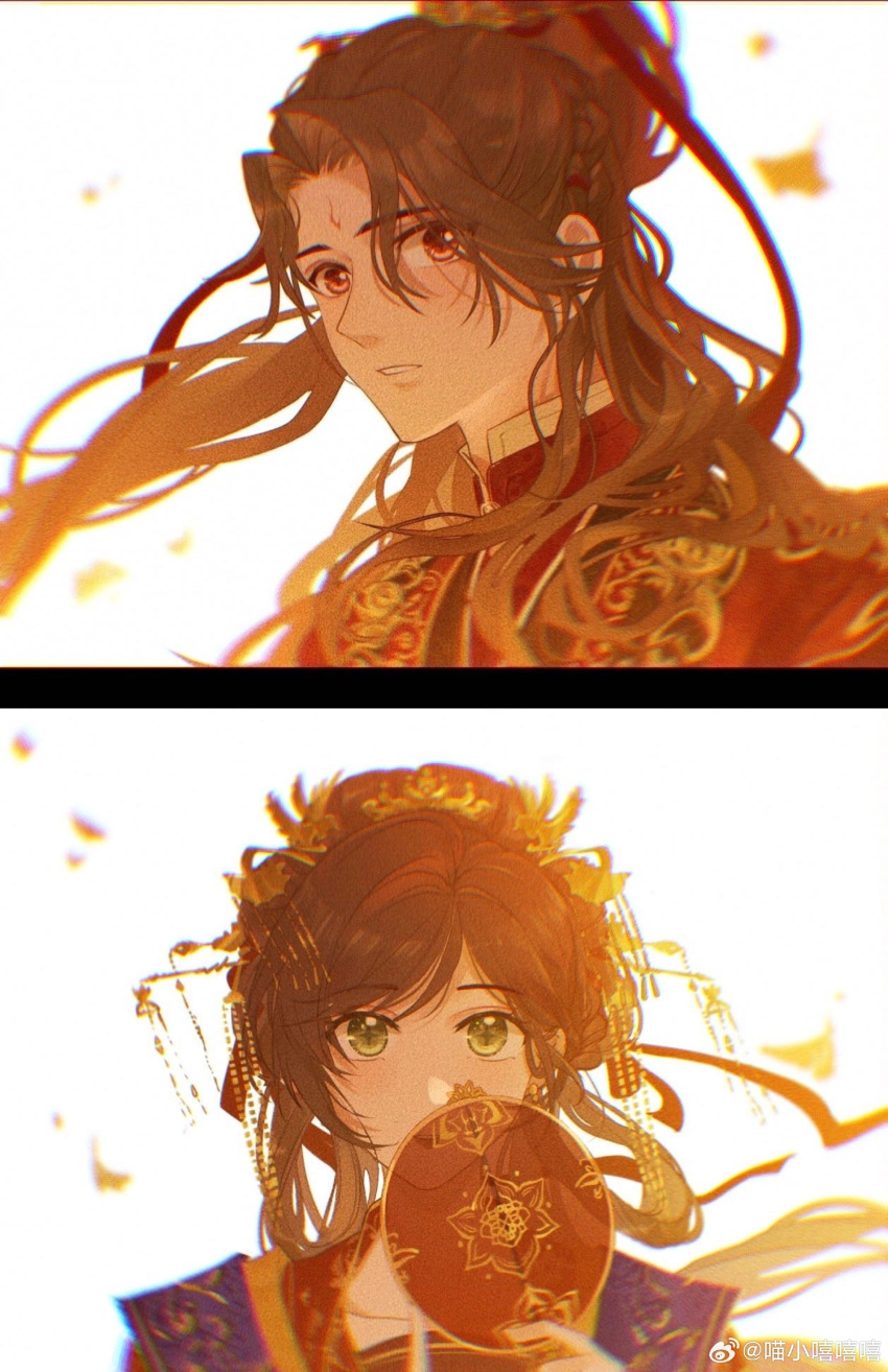 1boy, 1girl, absurdres, backlighting, brown_eyebrows, brown_eyes, brown_hair, chinese_wedding, green_eyes, hetero, highres, luke_pearce_(tears_of_themis), miao_xiao_xixixi, rosa_(tears_of_themis), tears_of_themis, tuanshan, weibo_watermark, white_background