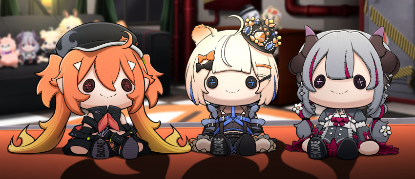 3girls, absurdres, ahoge, animal_ears, black_bow, black_hat, black_sleeves, blonde_hair