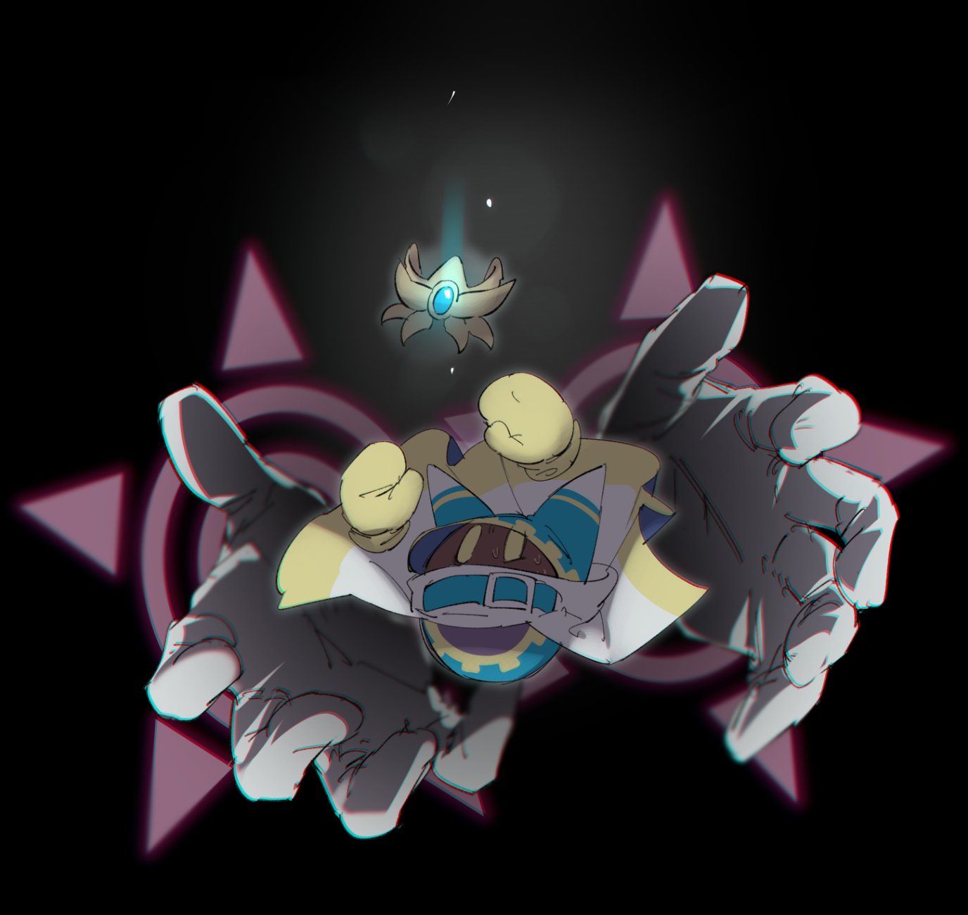 animal_ears, belt, belt_buckle, belt_collar, black_background, blue_belt, blue_gemstone, buckle, cape, collar, commentary_request, covered_mouth, disembodied_hand, falling, floating_cape, gear_print, gem, gloves, glowing, gold_crown, highres, kirby's_return_to_dream_land, kirby_(series), light_particles, magnesiumdance, magolor, master_crown, mittens, nervous_sweating, reaching, scarf, simple_background, solid_oval_eyes, sweat, white_cape, white_gloves, white_scarf, yellow_eyes, yellow_mittens